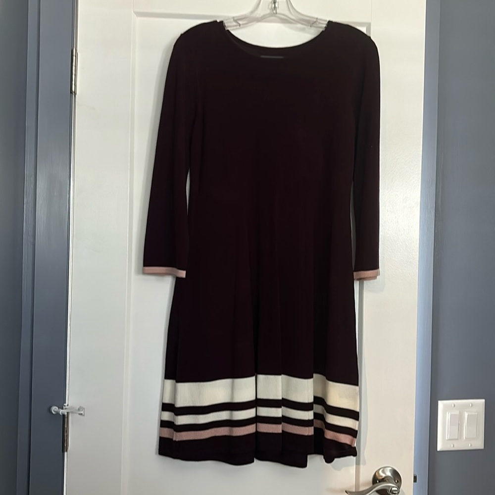 Wine, pink, and beige dress